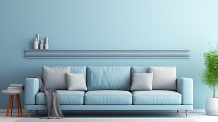 Fototapeta na wymiar Empty blue living room interior with blank poster, 3d illustration for copy space and advertisement