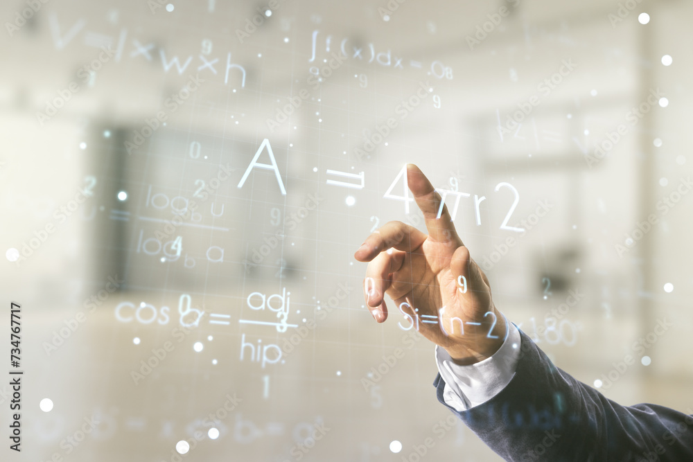 Poster man hand working with abstract scientific formula hologram on blurred office background. multiexposu
