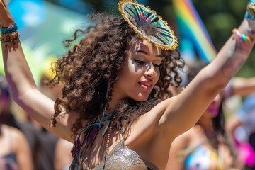 dancer with curled hair and headpiece performing at a festival