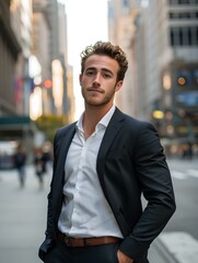 Obraz premium A confident young and competent professional manager, a businessman, standing in the center of the financial district of a magnificent metropolis, looking somewhere. generative AI