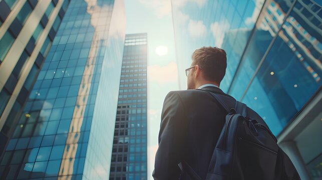 A confident young and competent professional manager, a businessman, standing in the center of the financial district of a magnificent metropolis, looking somewhere. generative AI