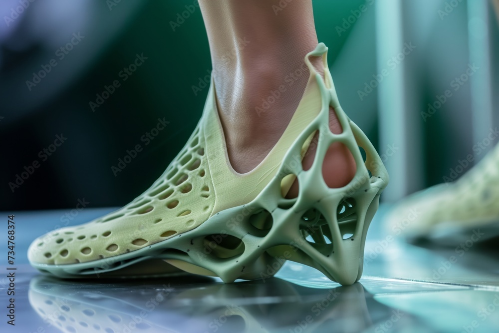 Poster closeup of a 3d printed shoe on a models foot with futuristic design