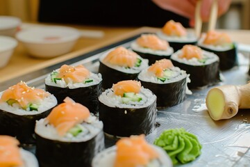 preparing a sushi platter with ginger and wasabi