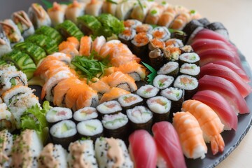 assembling a colorful variety of sushi on platter