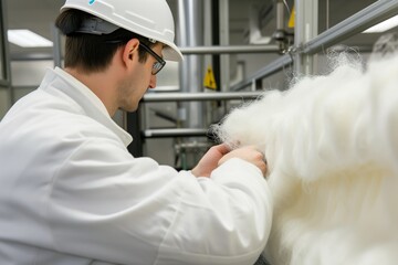 technician inspecting the texture of nonwoven fibers