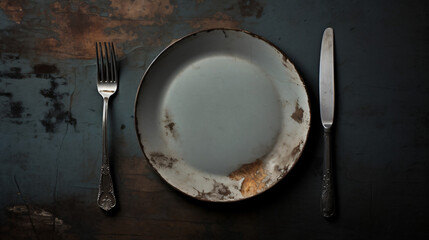 Empty plate fork and knife