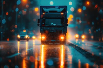 Tanker truck navigating through the rain-drenched highway under the cover of night. - obrazy, fototapety, plakaty