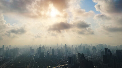 brightness heaven sky sun light rays above city metro building morning day landscape wide panoramic...
