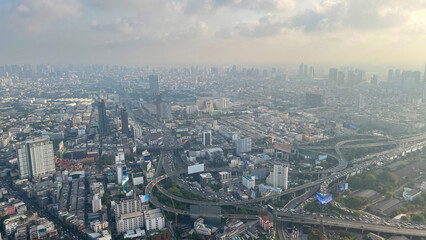 Fototapeta na wymiar Bangkok metro Thailand city view from above bird eyes view panoramic cityscape from Baiyok tower