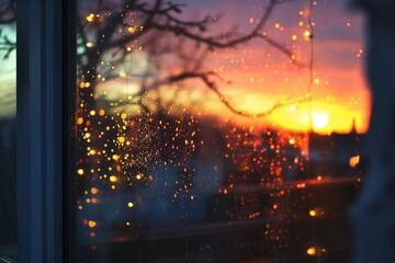 Fototapeta premium sunset colors mixing with interior lights on glass reflection