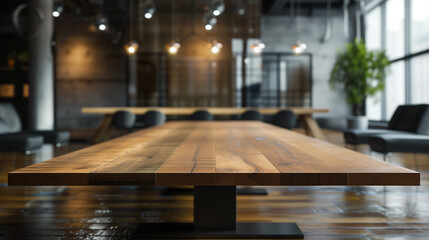 Empty wooden conference meeting table on the background - obrazy, fototapety, plakaty
