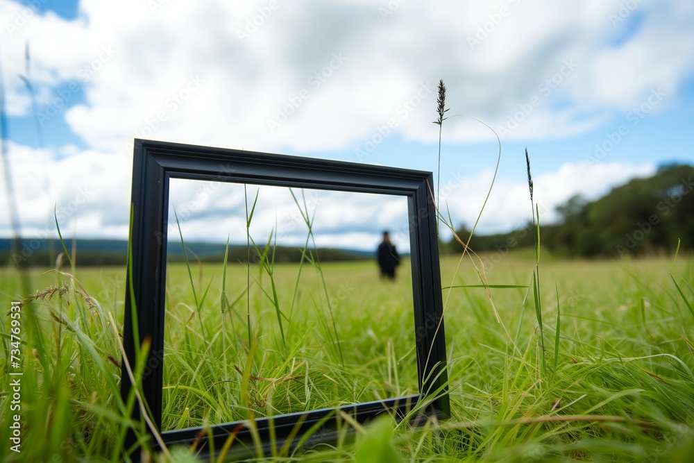 Sticker empty frame in a grassy field with person in background