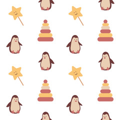 Children`s seamless pattern with nice toys. Cute animals and playthings wallpaper. Tender repeat texture for kids for textile.