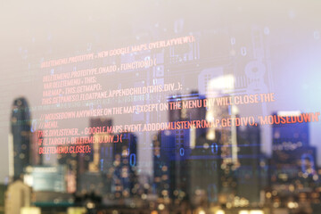 Double exposure of abstract programming language interface on blurry cityscape background, research and development concept