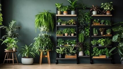 Modern composition of home garden filled a lot of beautiful plants, cacti, succulents, air plant in different design pots. Stylish botany interior. Home gardening concept.