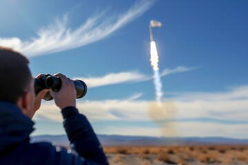 Obraz premium individual with binoculars watching a satellite launch