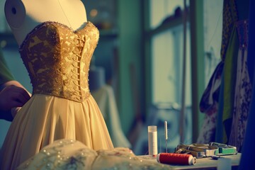 tailor adjusting a dress on a mannequin with a sewing kit nearby