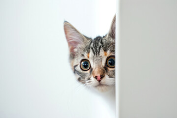 Banner Funny cat peeks out from behind the wall. Copy space. Cat looks out, cat on white background peeks around the corner. A smart, playful and curious kitten looks into the camera.