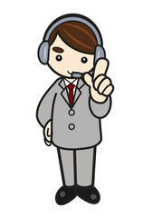 指さしポーズのヘッドセットを付けたスーツの若い男性オペレーターのイラスト