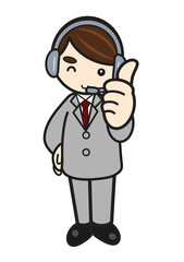 グッドポーズのヘッドセットを付けたスーツの若い男性オペレーターのイラスト