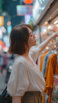 A woman looking at a blouse while out shopping in the city for the day, asian - Generative AI