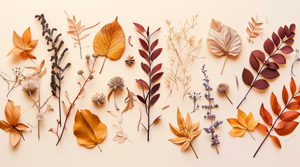 Various types of dried leaves and flowers arranged on pastel beige background. Autumn background. Top view. Generative AI