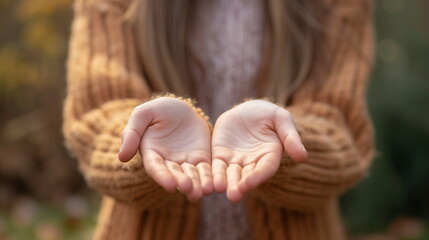 Fototapeta premium A woman in a brown sweater holds her hands together and looks straight ahead, emphasizing her hands - Generative AI