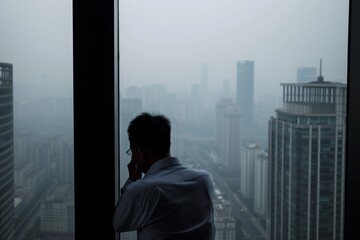 office worker looking at the hazy view from skyscraper
