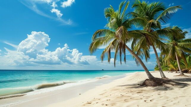 A tropical beach landscape with clear blue skies and palm trees. Summer background. Generative AI