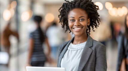 Obraz premium Entrepreneur or overseas investor Business trip traveling, African American female businessperson, using laptop device, executive coworker woman, remote working in airport terminal in passengers room