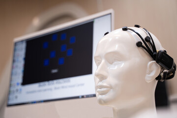 Simulate wearing brain scanning waves, medical equipment In the laboratory with monitors showing...