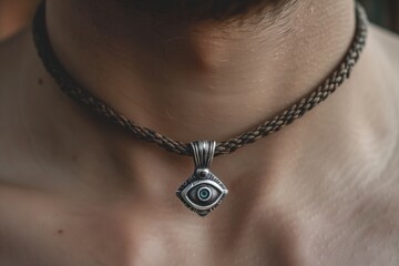 closeup of a silver thirdeye pendant around a neck