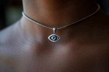 closeup of a silver thirdeye pendant around a neck