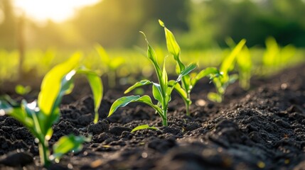 Fresh green sprouts of maize in spring on field, soft focus. Growing young green corn seedling sprouts in cultivated agricultural farm field. Agricultural scene with corn sprouts in soil. - obrazy, fototapety, plakaty
