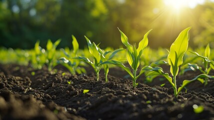 Fresh green sprouts of maize in spring on field, soft focus. Growing young green corn seedling sprouts in cultivated agricultural farm field. Agricultural scene with corn sprouts in soil. - obrazy, fototapety, plakaty