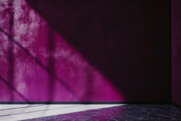 Deep purple painted empty room with tiled floor and shadows on the wall from the window blinds