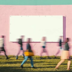 Obraz na płótnie Canvas Busy Urban Scene with Blurred People Walking by a Blank Billboard