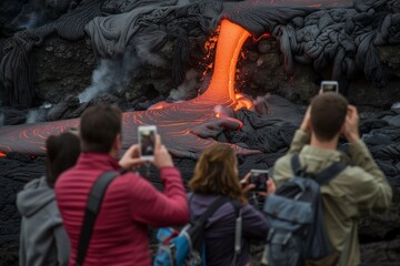 tourists taking photos of lava flow at safe distance
