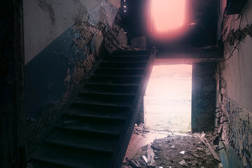 The seaside house has long been abandoned. Passage to second floor by a collapsed staircase