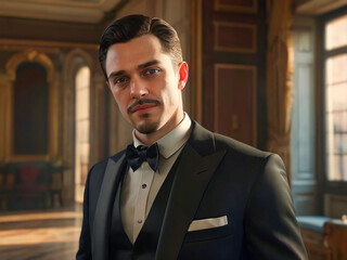 Portrait of a handsome man in tuxedo. Men's beauty, fashion.