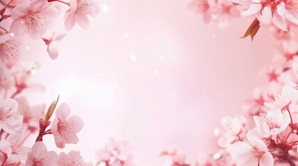 Frame made of cherry blossoms on a light pink background. Copy space in the center. Spring background. Generative AI