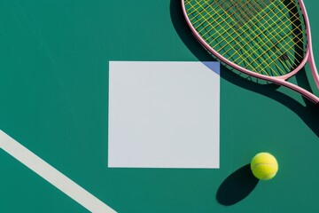 Minimalist tennis mockup with a white card, racket, and ball on green court, perfect for sportive and fresh designs