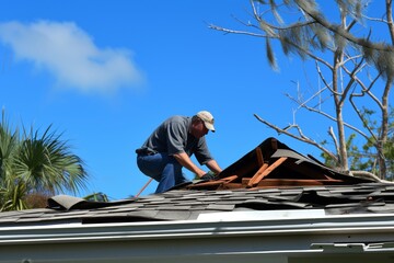 homeowner inspecting roof damage posthurricane