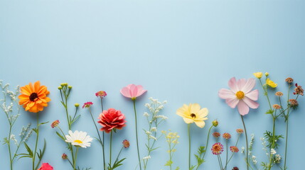 Flowers of various types and colors are arranged in a row against a bright sky blue background. Copy space in the top. Spring background. Generating AI 