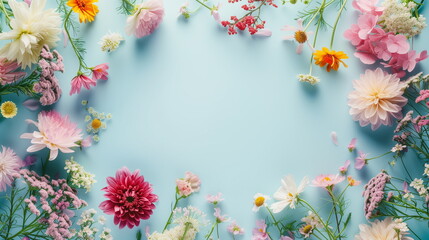 Frame made of different types of colorful flowers on a light blue background. Copy space in the center. Spring background. Generative AI