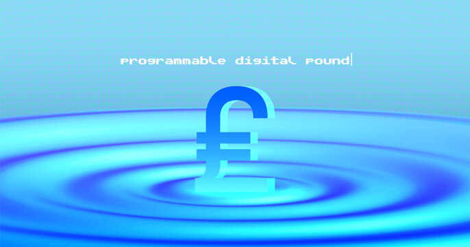 Vector blue 3d symbol of the digital pound of United Kingdom on the surface of a bright glowing liquid with diverging round waves. Virtual cyan crypto financial space.
