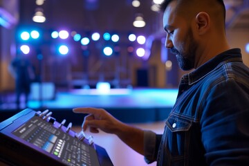 man using a tablet to control av equipment in a hall - obrazy, fototapety, plakaty