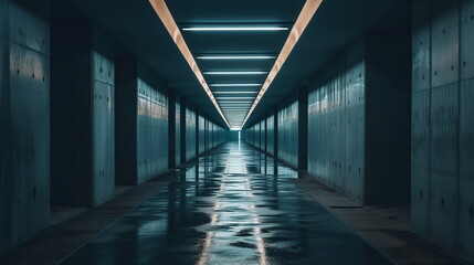 Dark, long concrete walled hallway or tunnel. Light reflects off the water pooling on the floor. Perspective. Generative AI