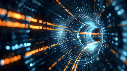 Obraz premium Digitally generated image of an abstract circular data tunnel visualizing speed and technology. Data cyberspace with swirling binary code and light. Generative AI
