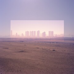 Mystical cityscape emerging from the desert, invoking a sense of discovery and urban evolution at dawn